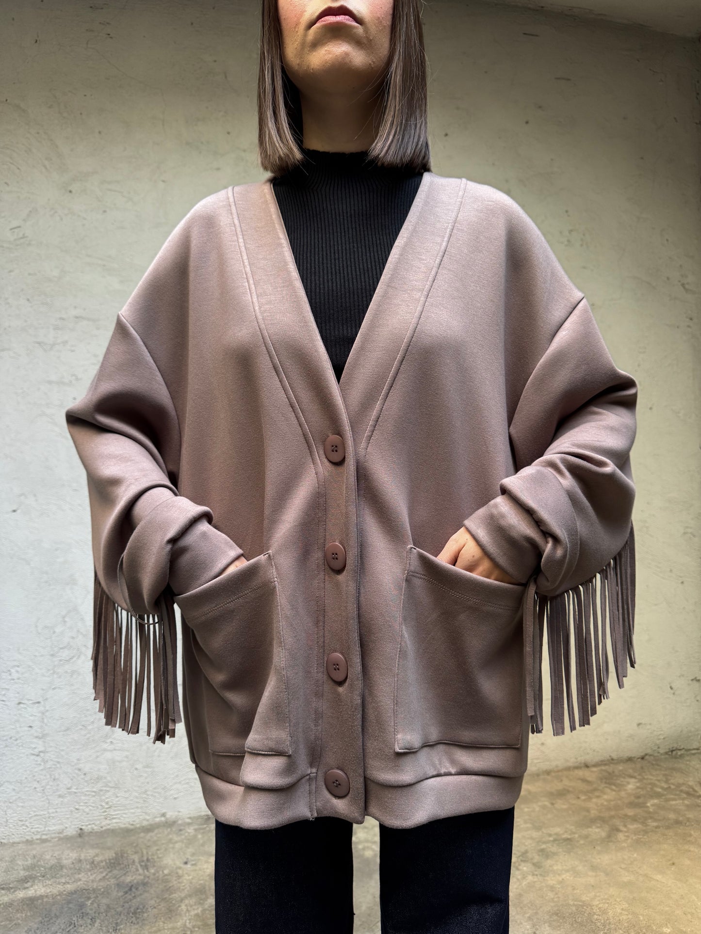 Cardigan frange tessuto felpa viscosa Tortora - Lumina
