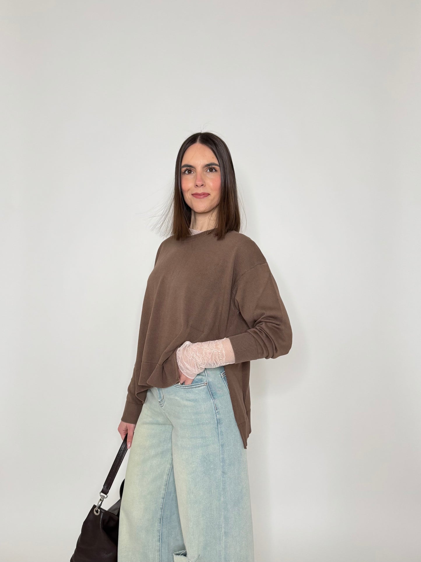 Maglia girocollo scatoletta in 100% cotone Moka