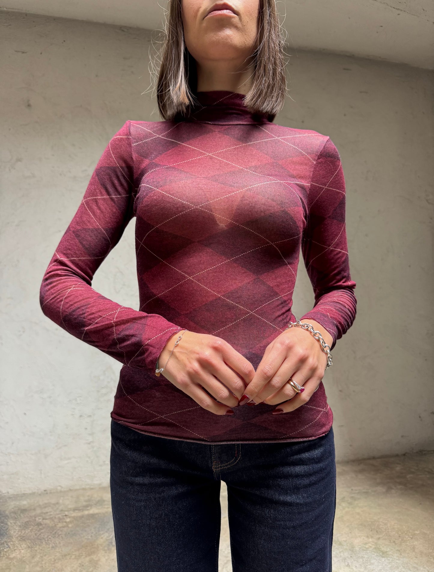 Maglia Cashmere mezzo collo stampa rombi Bordeaux