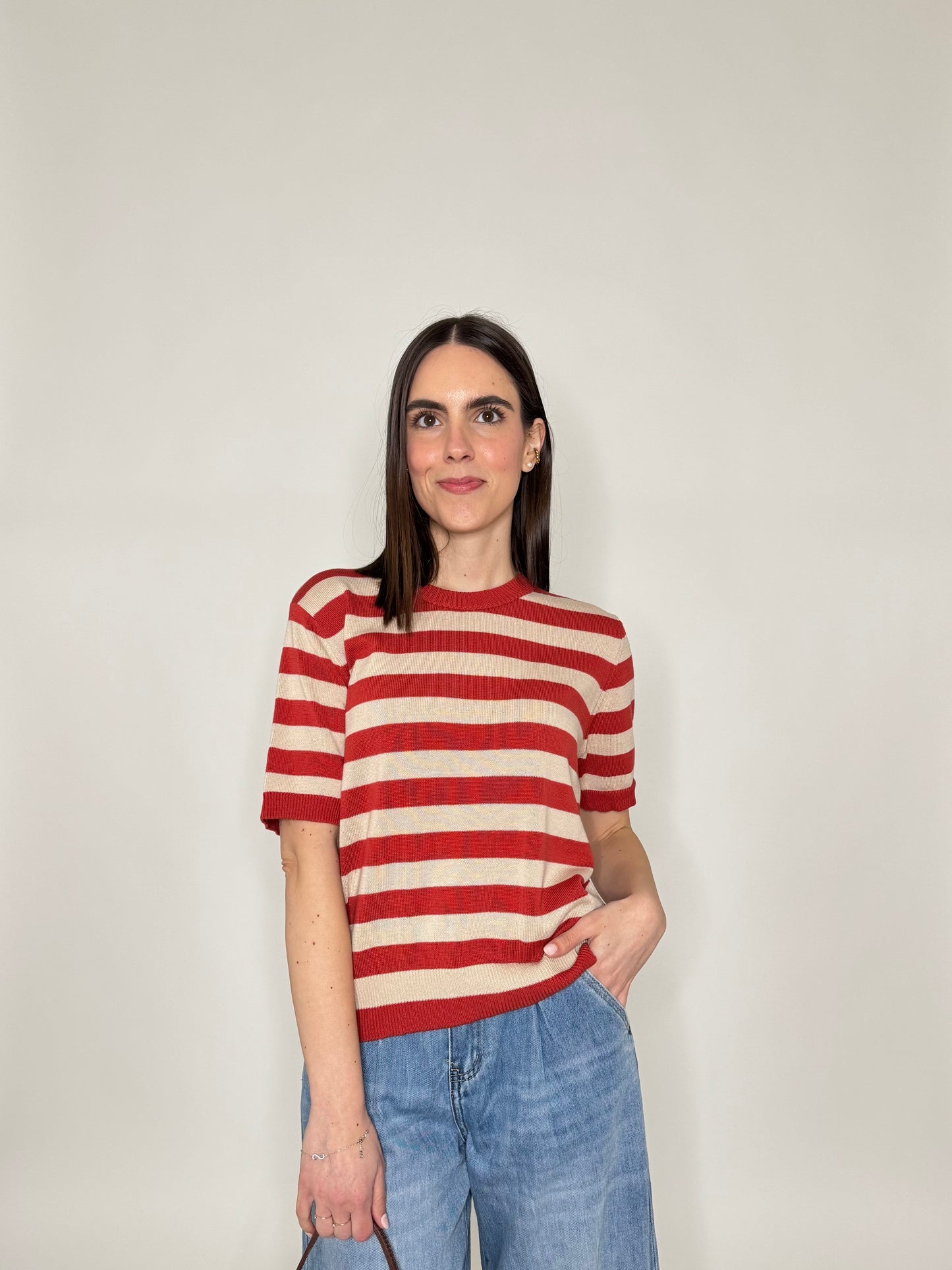 Maglia girocollo a righe manica corta in 100% cotone Mattone/Beige
