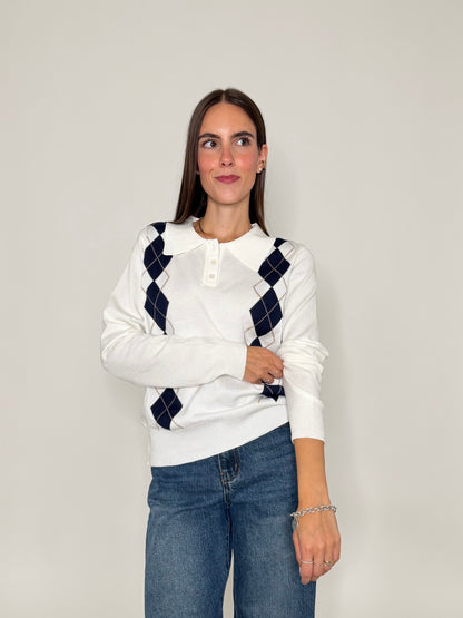 Polo a rombi in viscosa bianco latte