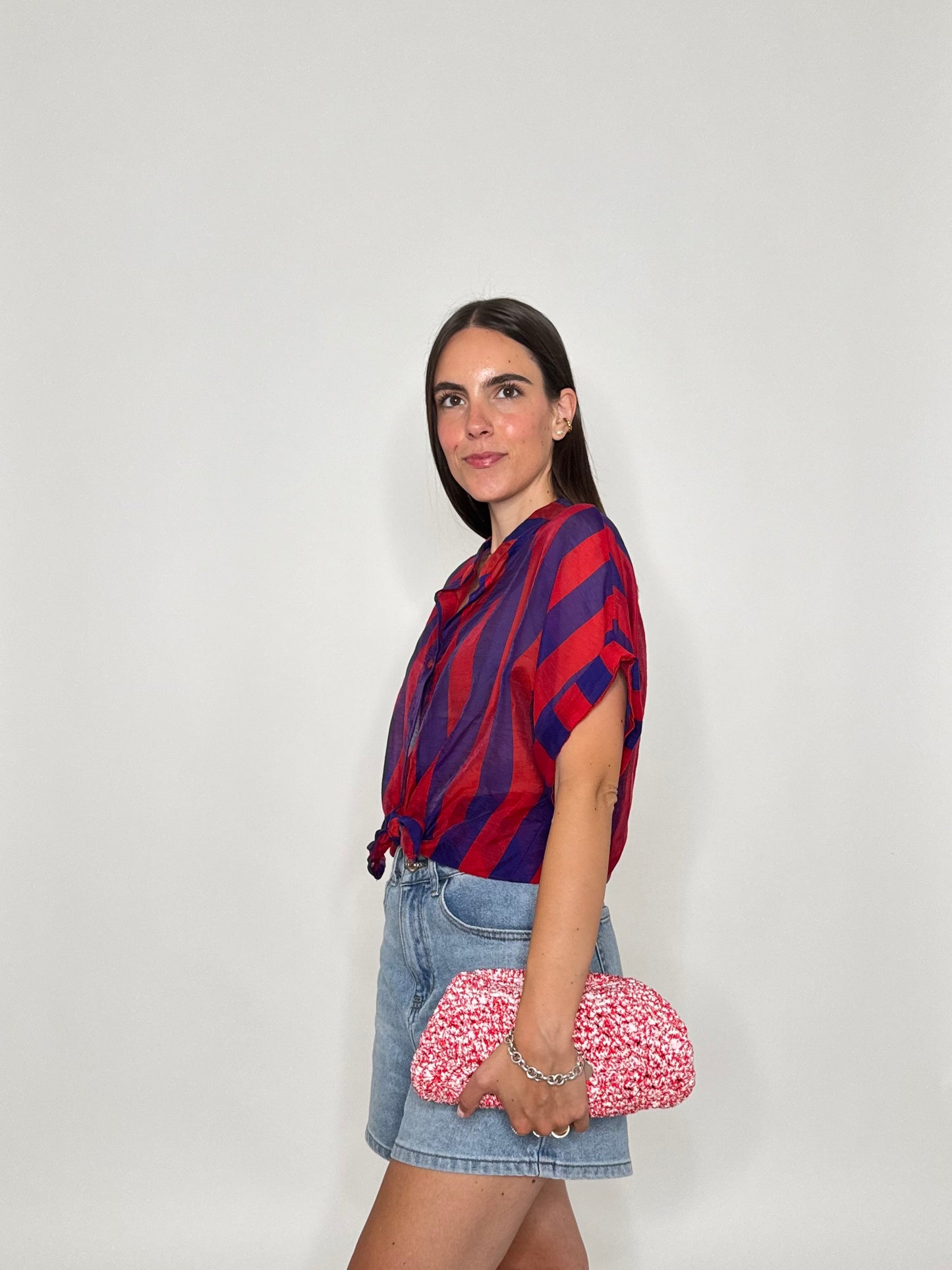 Camicia a righe in lyocell manica corta rosso/blu