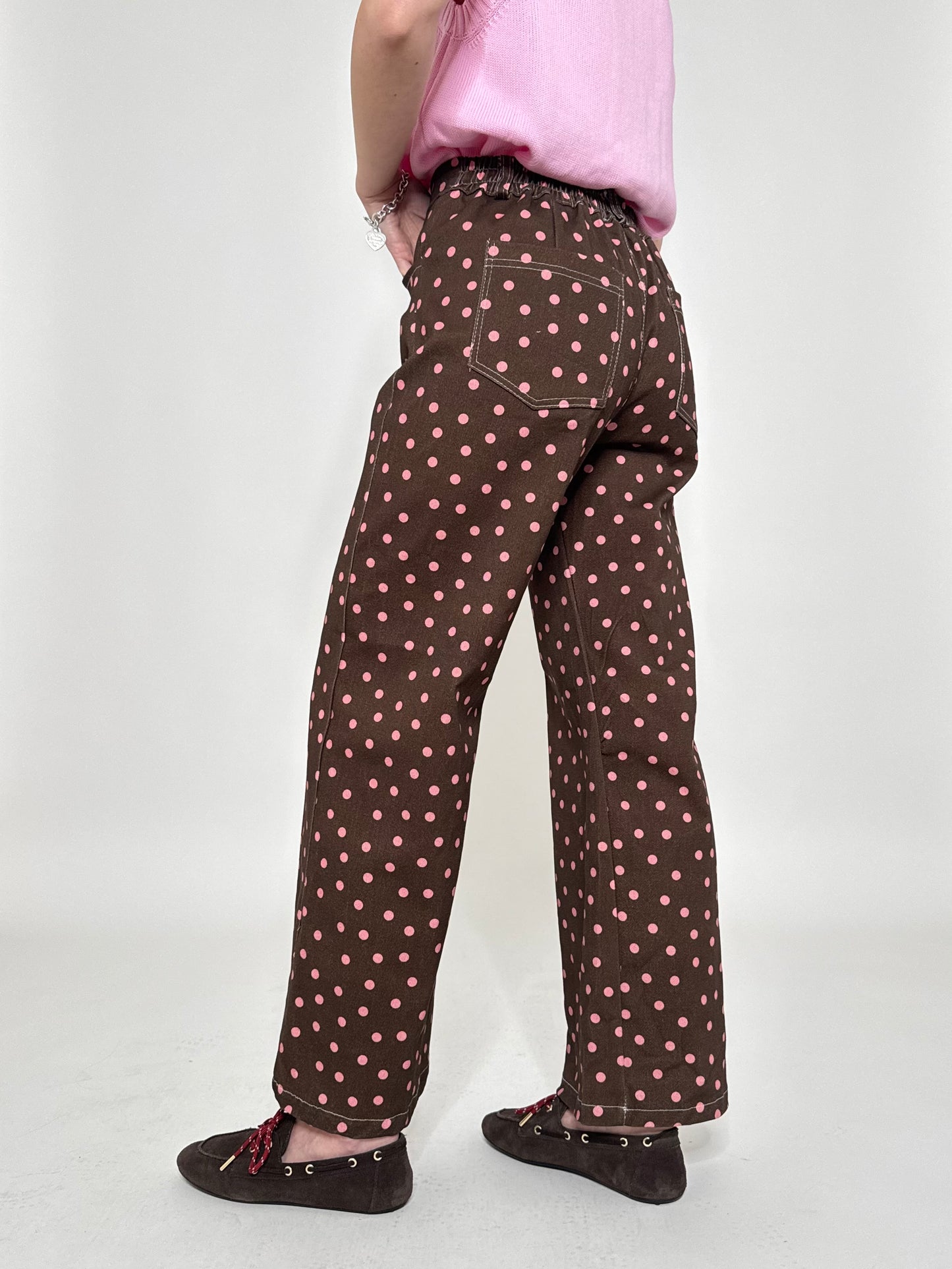 Jeans cinque tasche a pois modello wide leg Cioccolato/Rosa