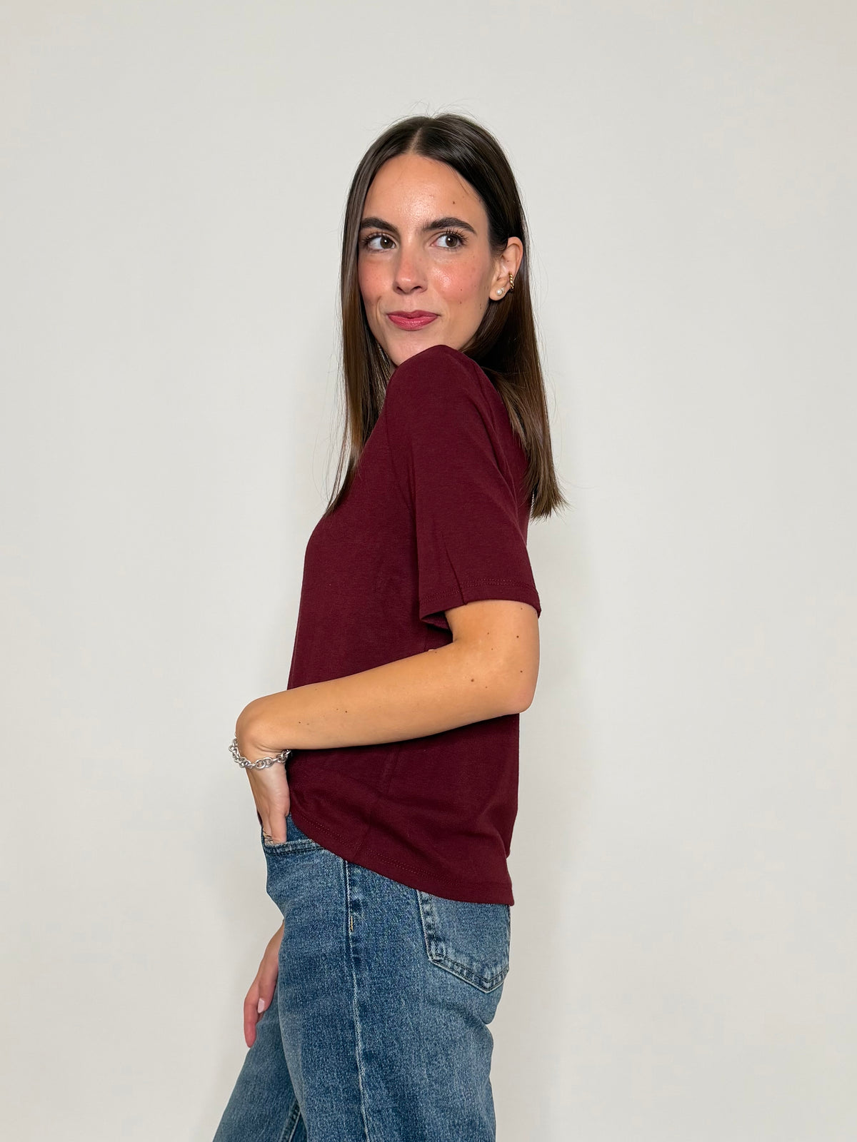 Maglia girocollo basic in viscosa e cotone bordeaux