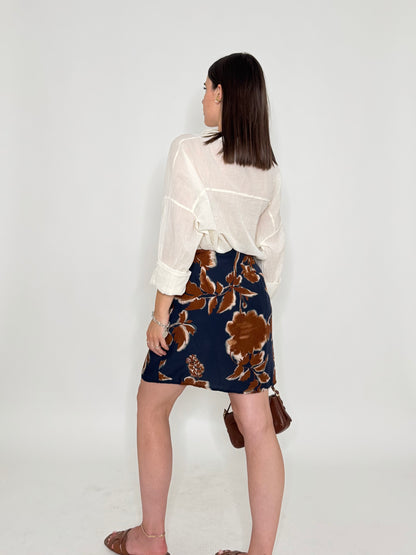 Gonna pareo mini in fresca viscosa floreale blu/moka