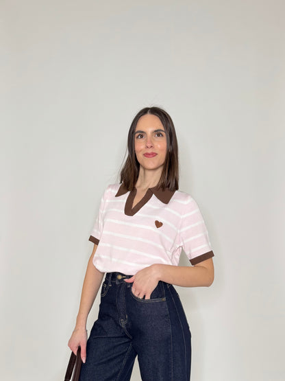 Polo maniche corte in filo di viscosa a righe rosa e bianco