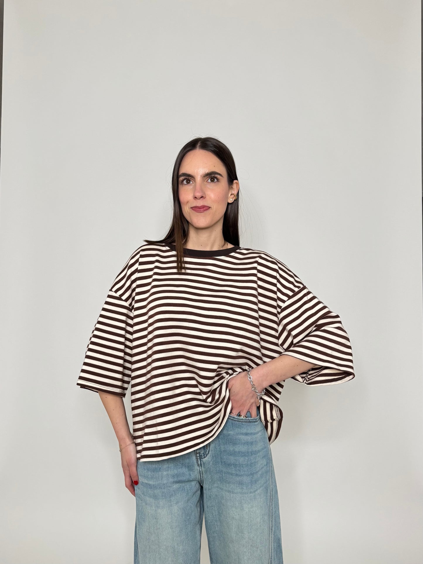 Maglia Felpa a righe light cotton in cotone Cioccolato/Panna