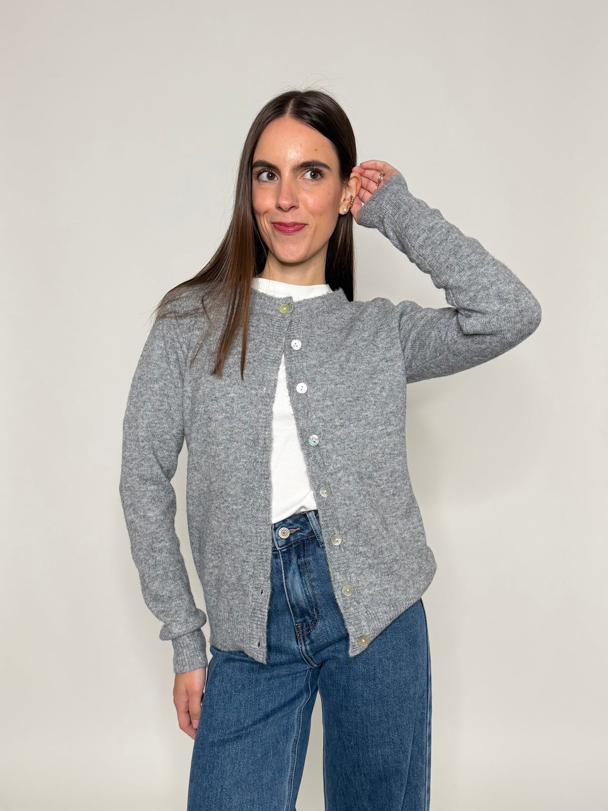 Cardigan "neve" in morbida viscosa e cotone grigio melange