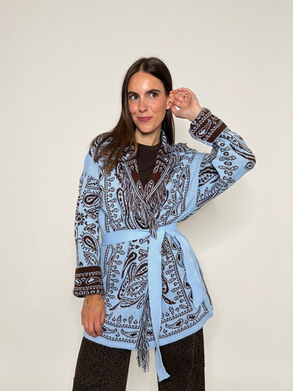 Cardigan frange stampa bandana celeste/coffee