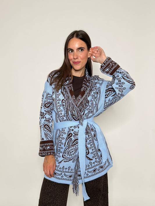 Cardigan frange stampa bandana celeste/coffee